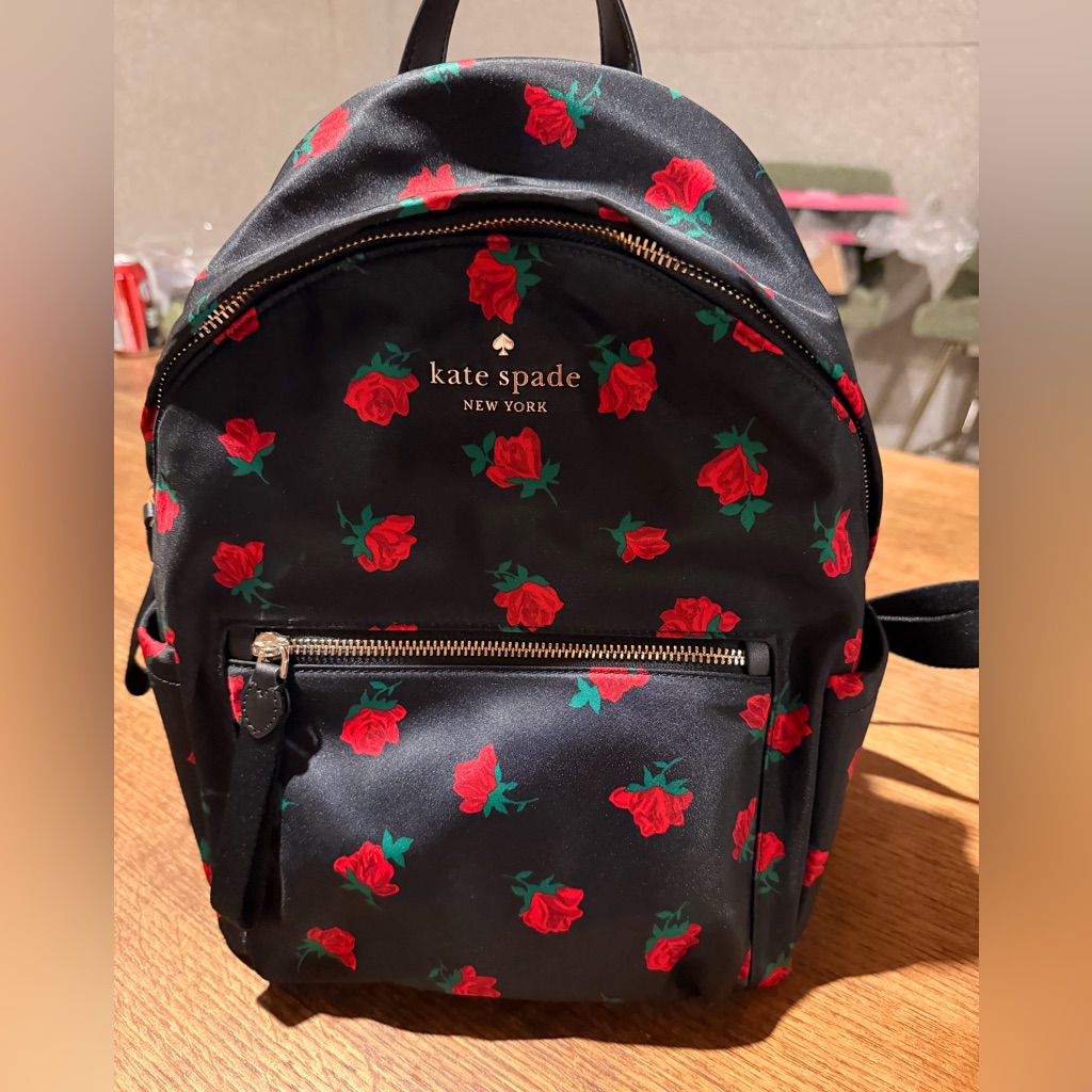 Kate Spade Black Backpack With Red Rose Print
